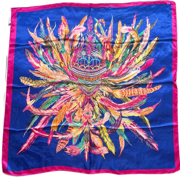 M.O.S.I. Scarf Bright Feathers Peacock Crown Pink Blue 34" Square Silky MOSI - Picture 1 of 5